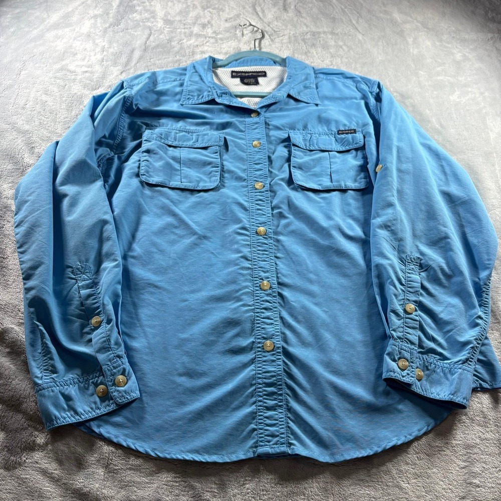 ExOfficio Fishing Shirt Womens Large Blue‎ Vented Long Sleeve Button Up Outdoor
